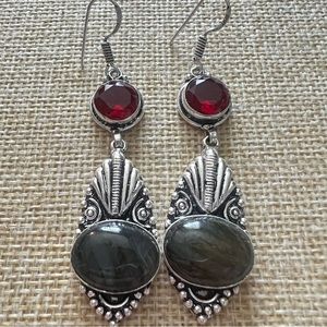 New Labradorite and Sim Red Garnet Quartz Crystal Silver Overlay Earrings